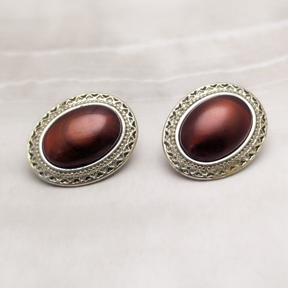 Vintage Clip On Earrings Very Large Gold Tone & Brown Oval Statement Glam - Picture 2 of 8